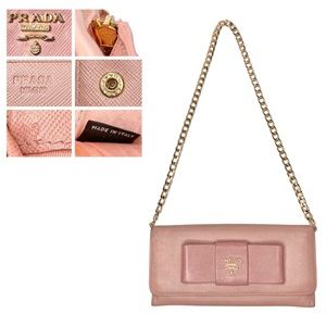 Authentic PRADA Light Pink Saffiano Leather Bow & Gold Chain Long Wallet Bag